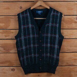 Vintage Plaid Wool Blend Button-up Sweater Vest In Dark Grey - Women's Large